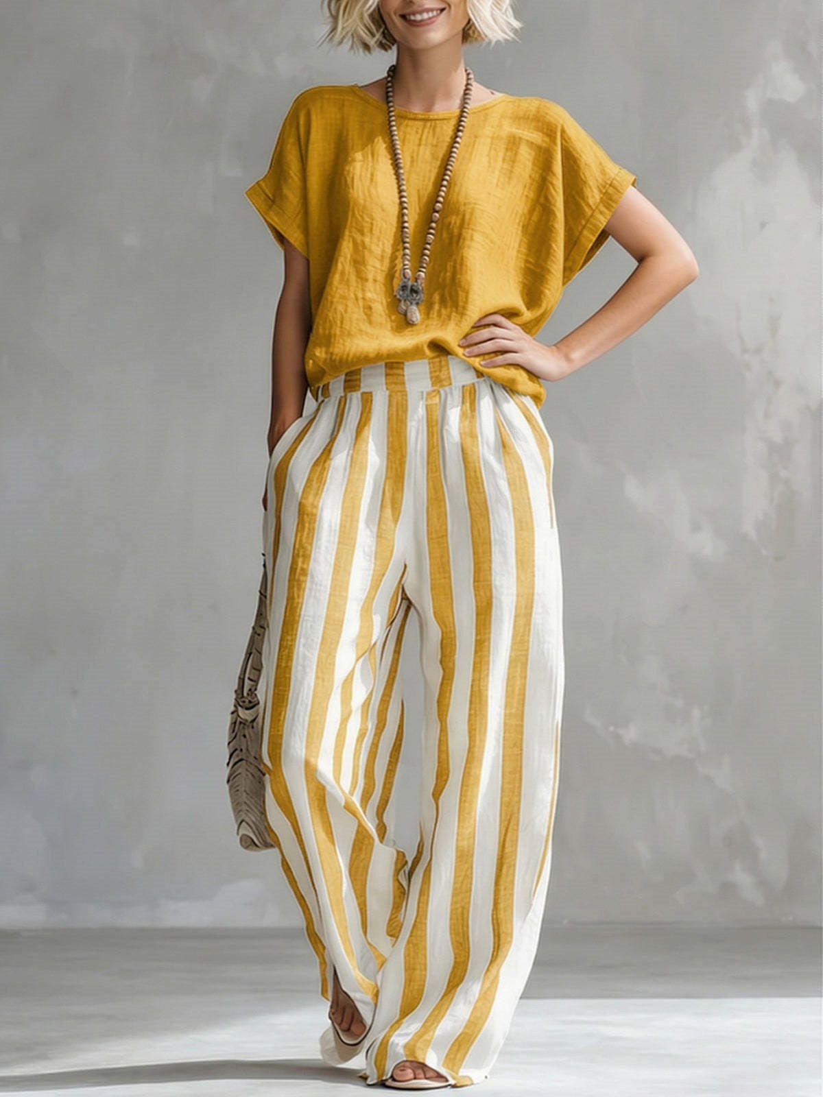 Women’s Solid Short Sleeve Top & Vertical Stripe Wide Leg Pants Casual 2-Piece Set