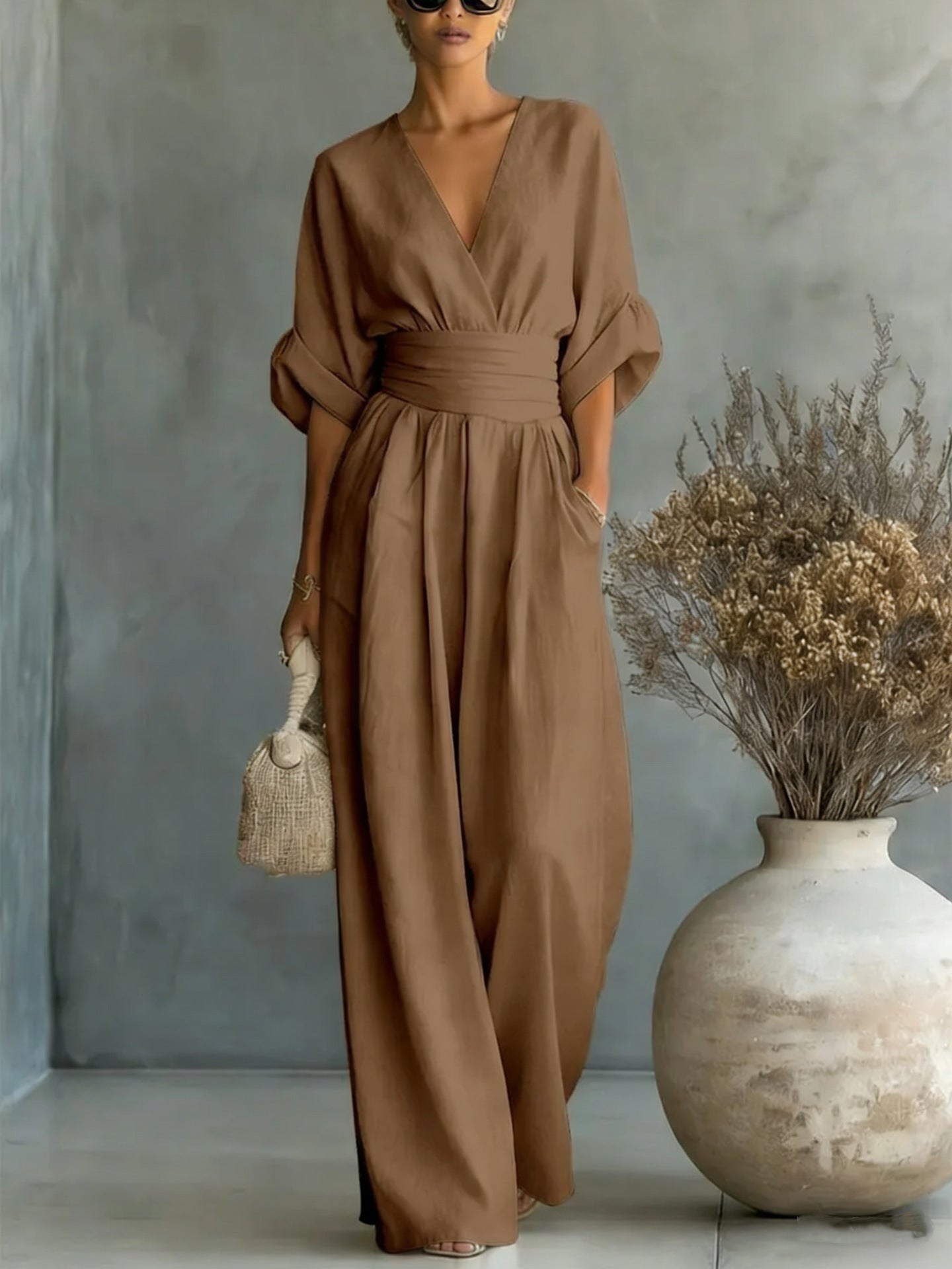Women's V-Neck Wrap Waist Linen Jumpsuit - Cuffed Sleeve Wide-Leg Romper