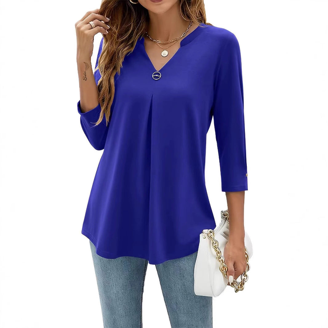 Popular Three-Quarter Sleeve Solid Color V-Neck Button-Up T-Shirt