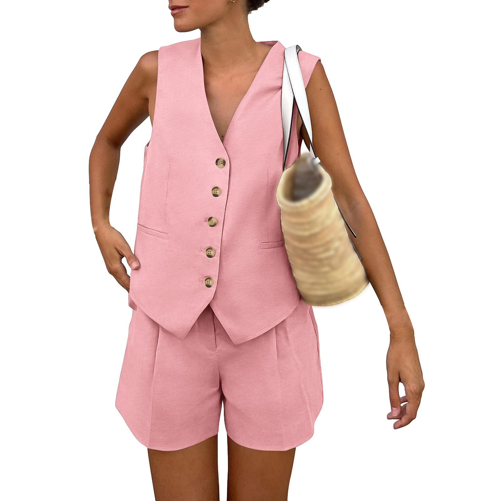 New V-neck single-breasted sleeveless vest and shorts set