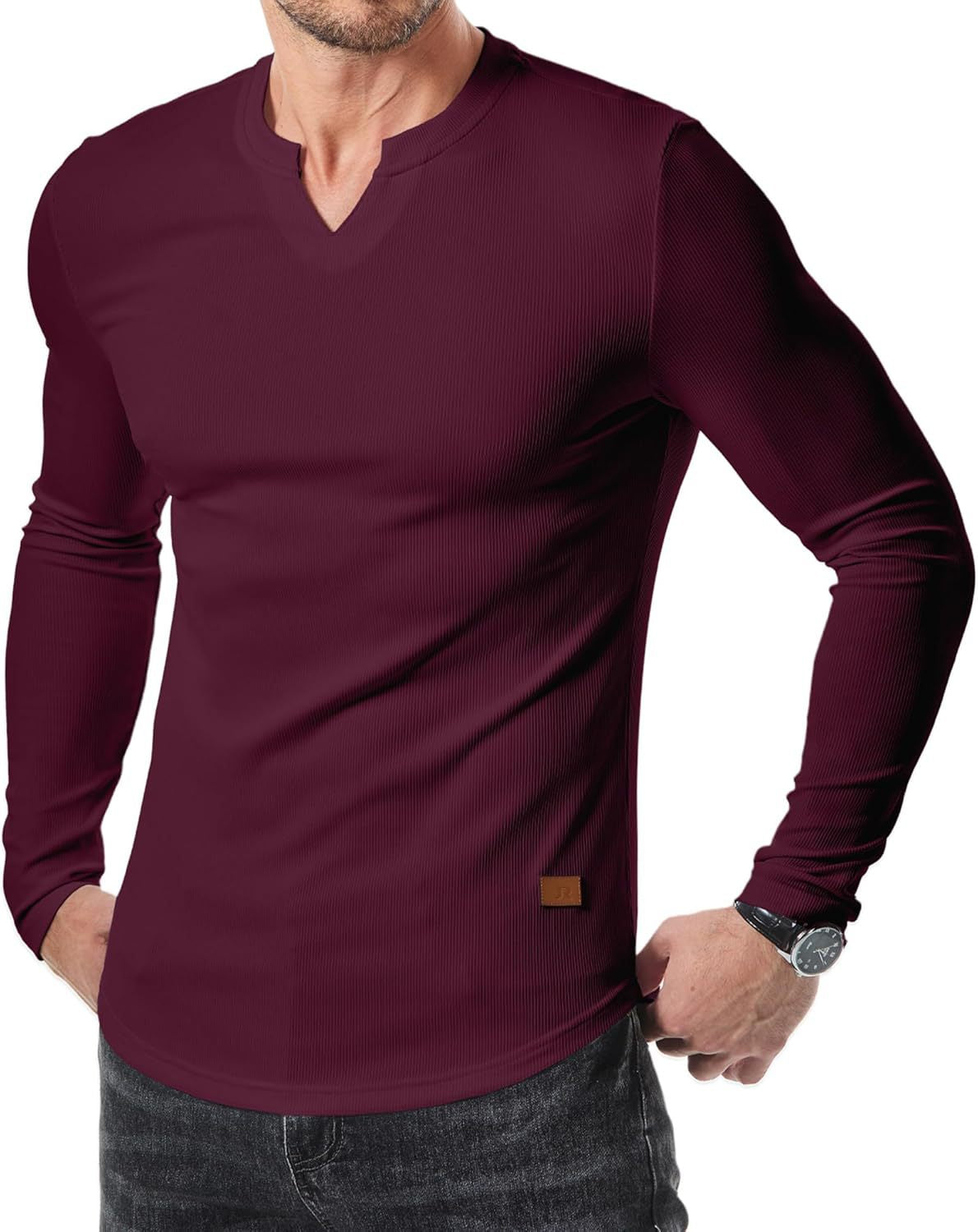 Men’s Henley Notch Neck Ribbed Long Sleeve Slim Fit T-Shirt