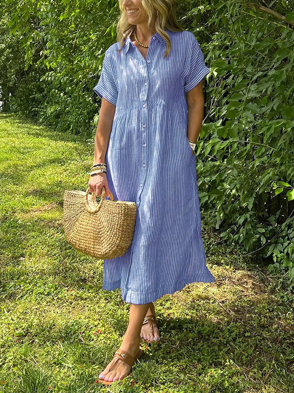 Women’s Collared Button Front Short Sleeve Pocket Loose Midi Shirt Dress