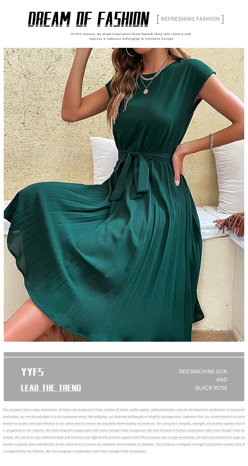 Women's Pleated Belted Midi Dress - Round Neck Cap Sleeve Casual Dress