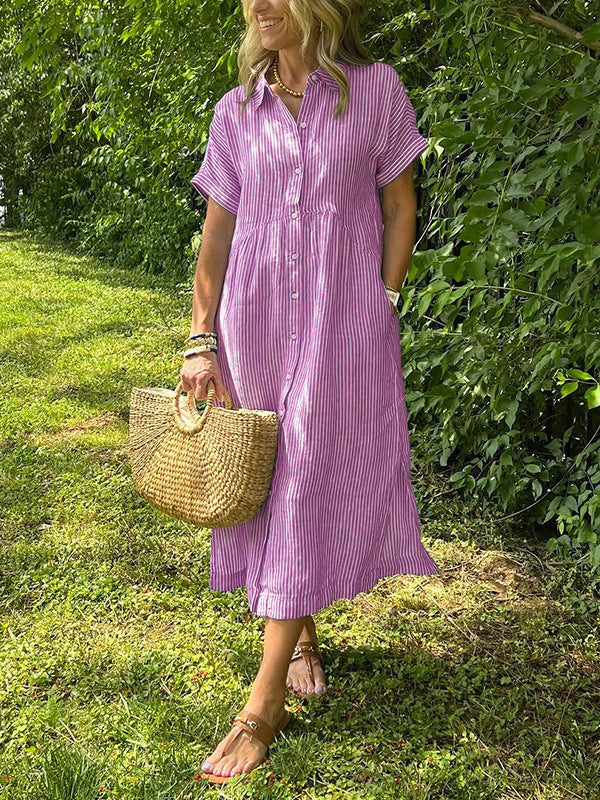 Women’s Collared Button Front Short Sleeve Pocket Loose Midi Shirt Dress