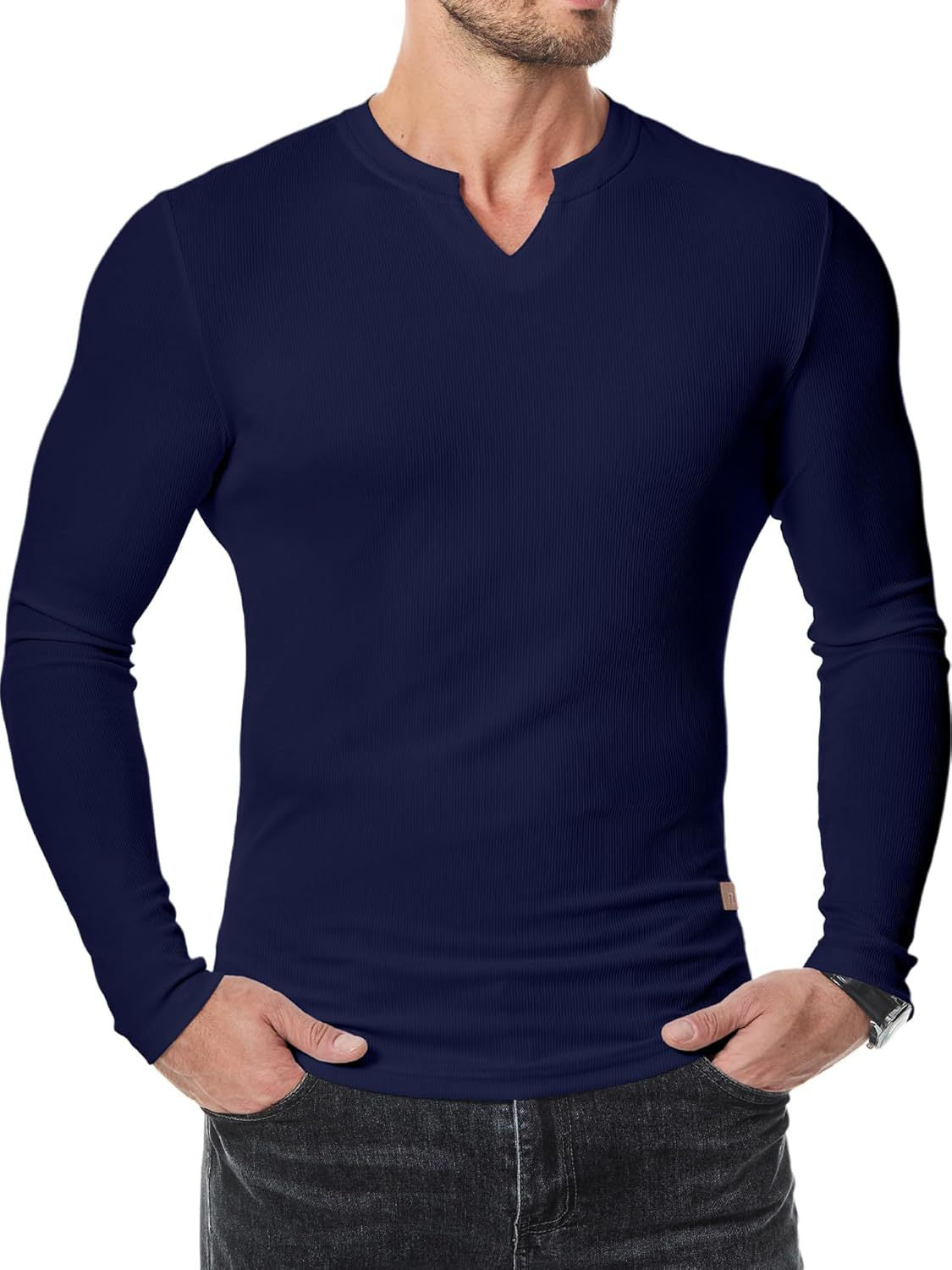 Men’s Henley Notch Neck Ribbed Long Sleeve Slim Fit T-Shirt