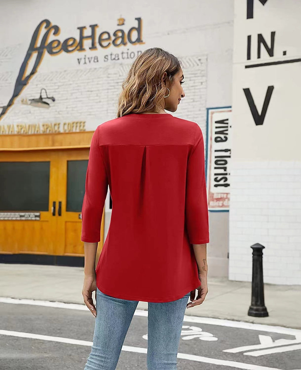 Popular Three-Quarter Sleeve Solid Color V-Neck Button-Up T-Shirt