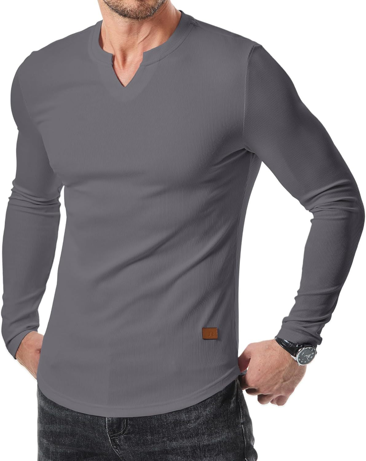 Men’s Henley Notch Neck Ribbed Long Sleeve Slim Fit T-Shirt