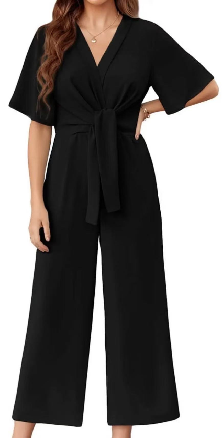 Women's solid color V-neck minimalist design short-sleeved jumpsuit
