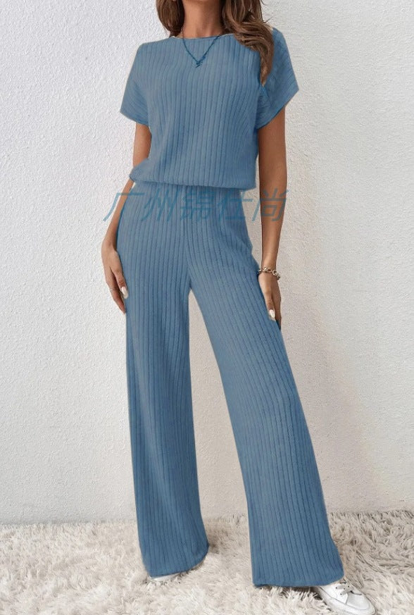 Fashionable drop-shoulder short-sleeved knit set, top and trousers, two-piece set