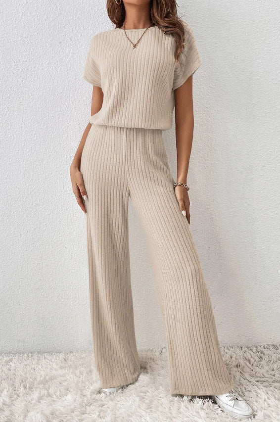 Fashionable drop-shoulder short-sleeved knit set, top and trousers, two-piece set