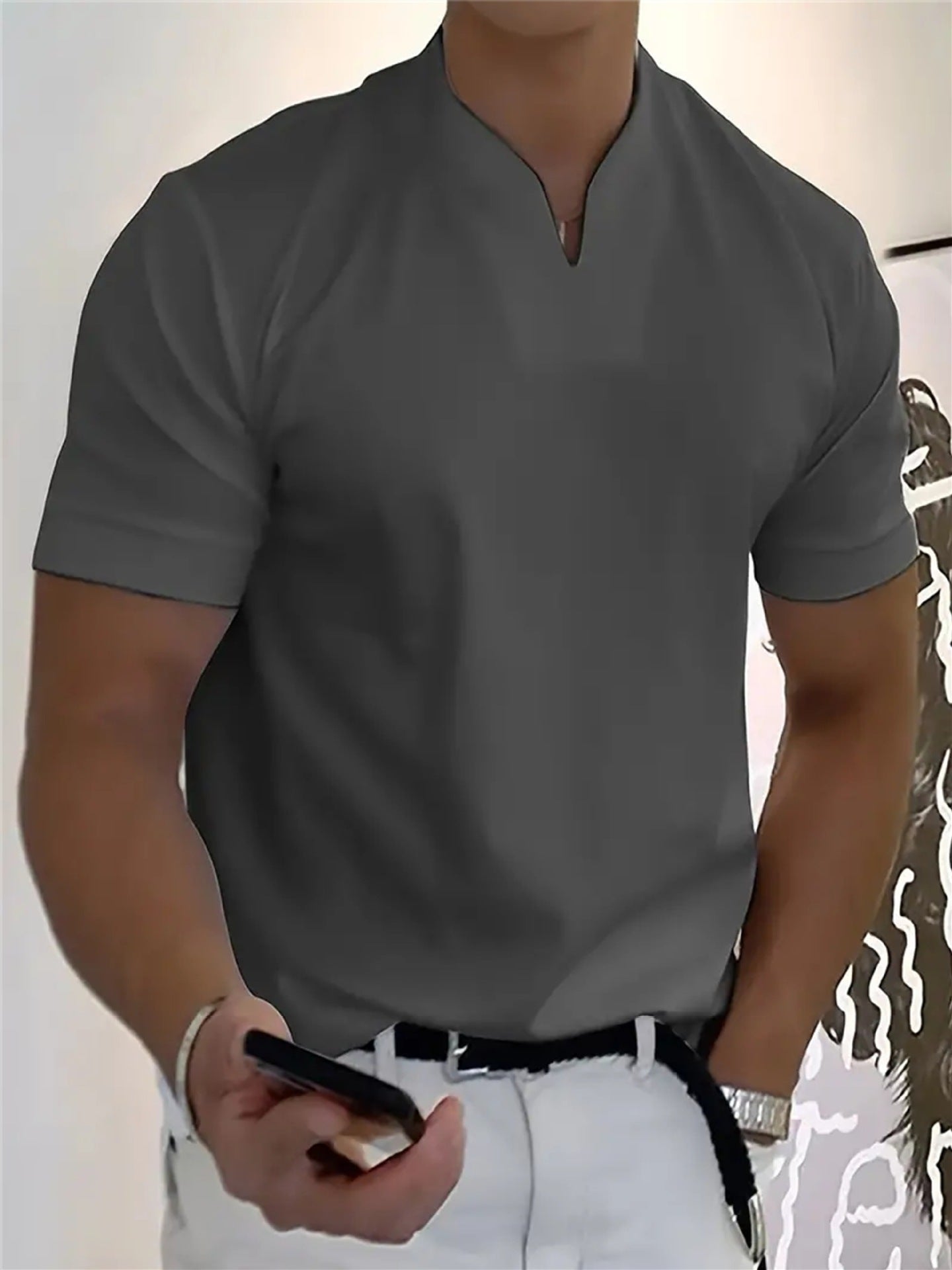 Men’s Notch Collar V-Neck Short Sleeve Slim-Fit Casual Shirt