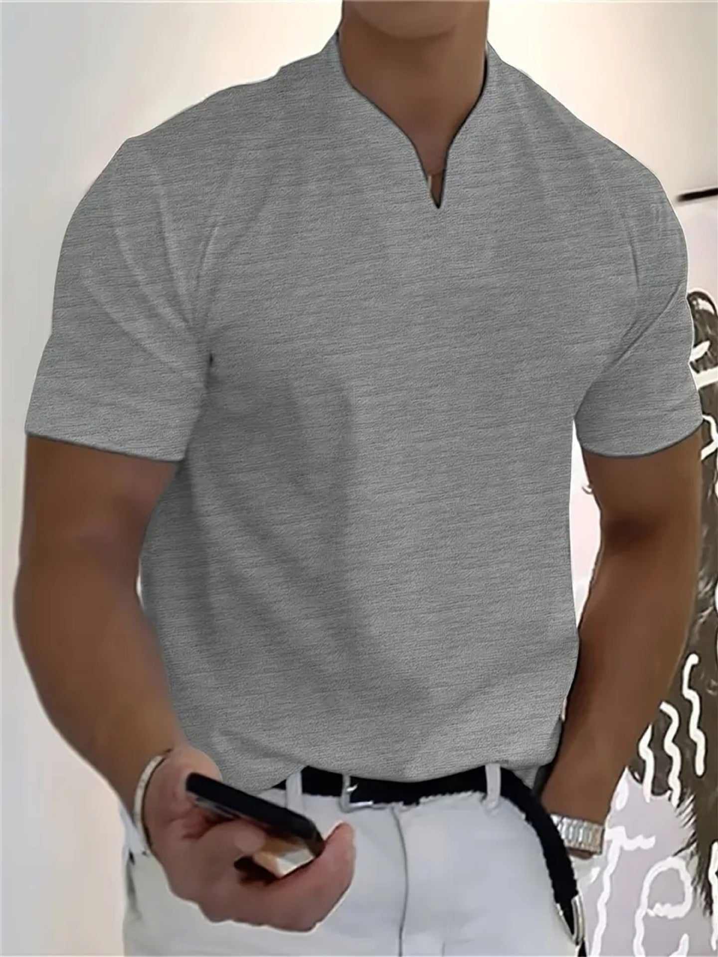 Men’s Notch Collar V-Neck Short Sleeve Slim-Fit Casual Shirt