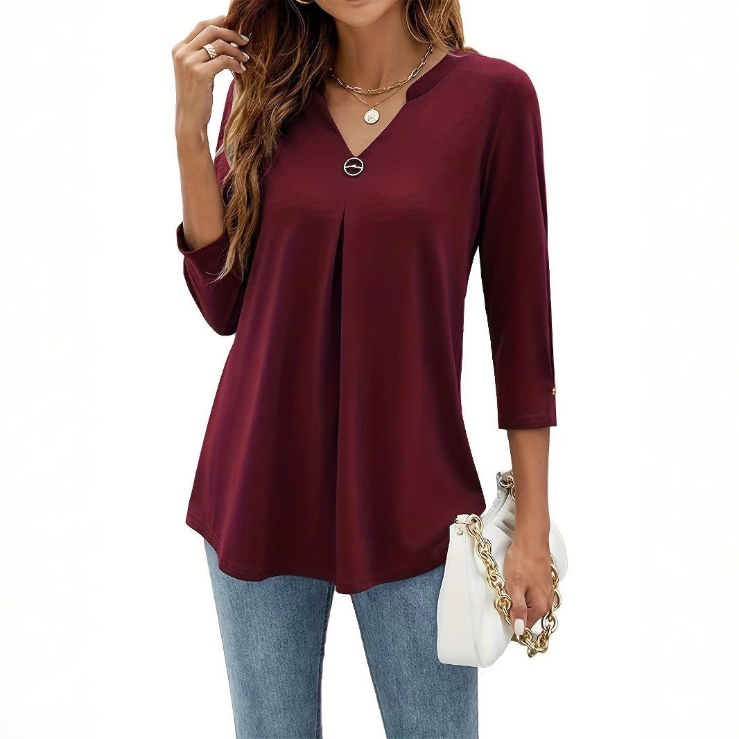 Popular Three-Quarter Sleeve Solid Color V-Neck Button-Up T-Shirt