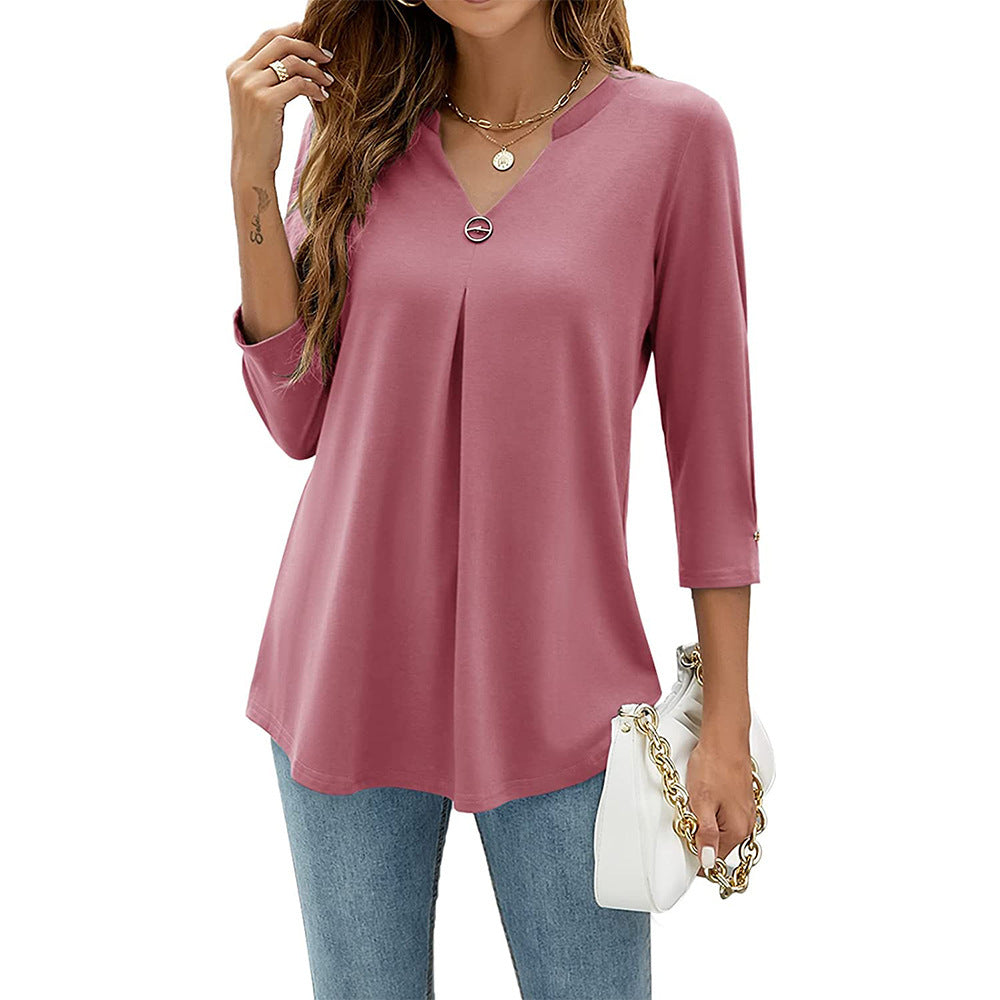 Popular Three-Quarter Sleeve Solid Color V-Neck Button-Up T-Shirt