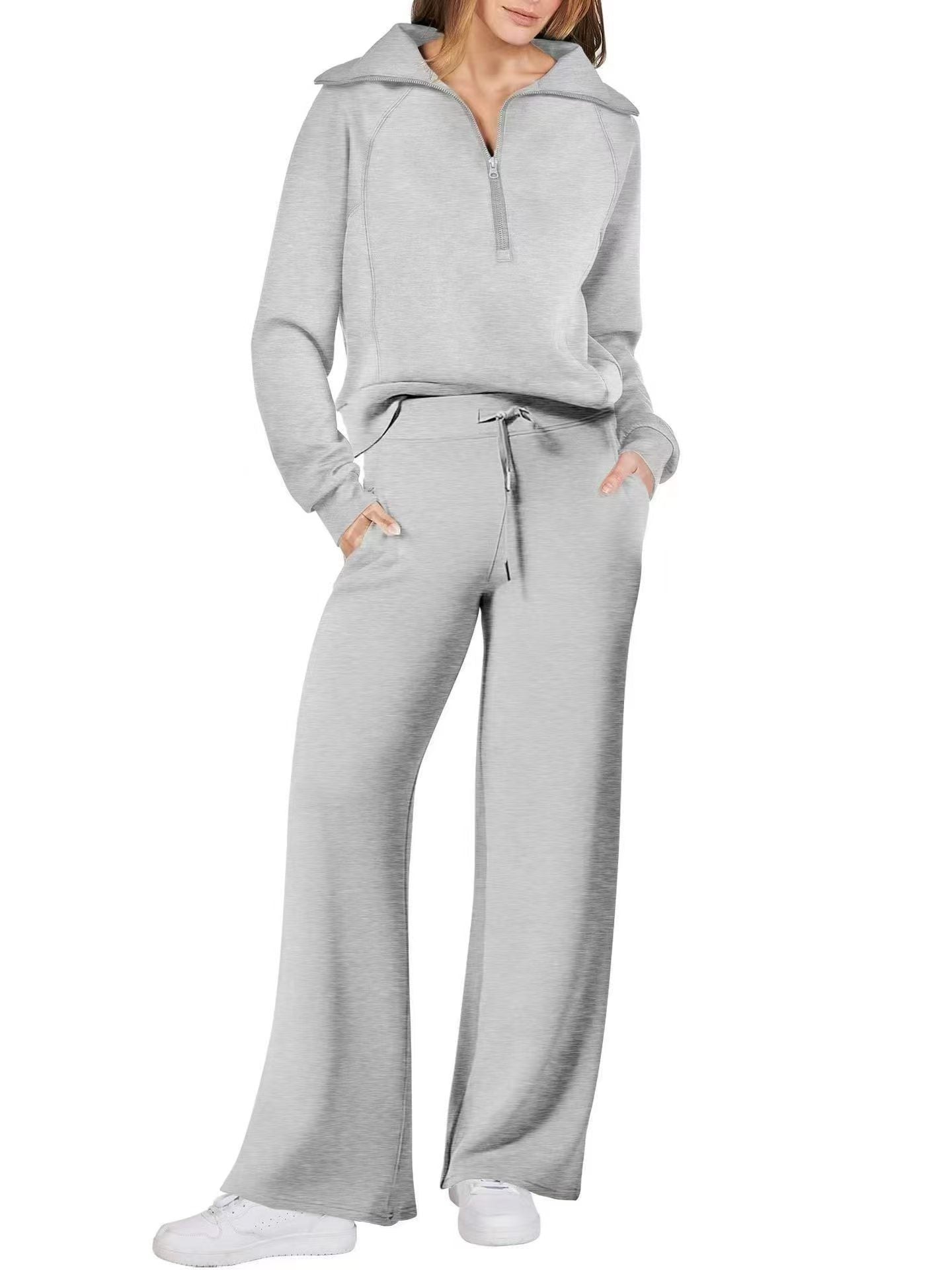 Women’s Half-Zip Long Sleeve Top & Wide Leg Pants Loungewear 2-Piece Set