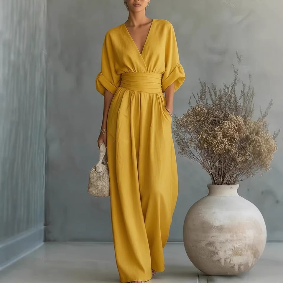Women's V-Neck Wrap Waist Linen Jumpsuit - Cuffed Sleeve Wide-Leg Romper