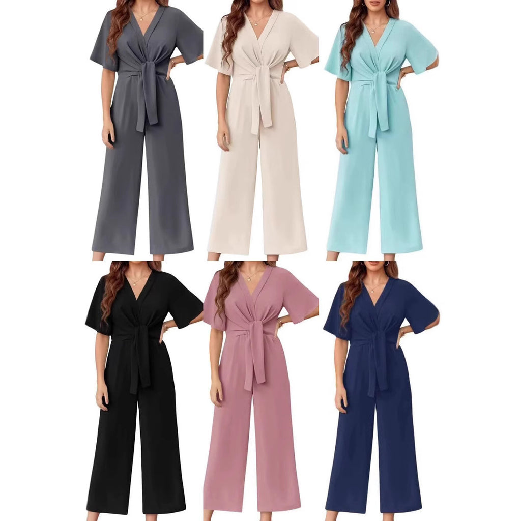Women's solid color V-neck minimalist design short-sleeved jumpsuit