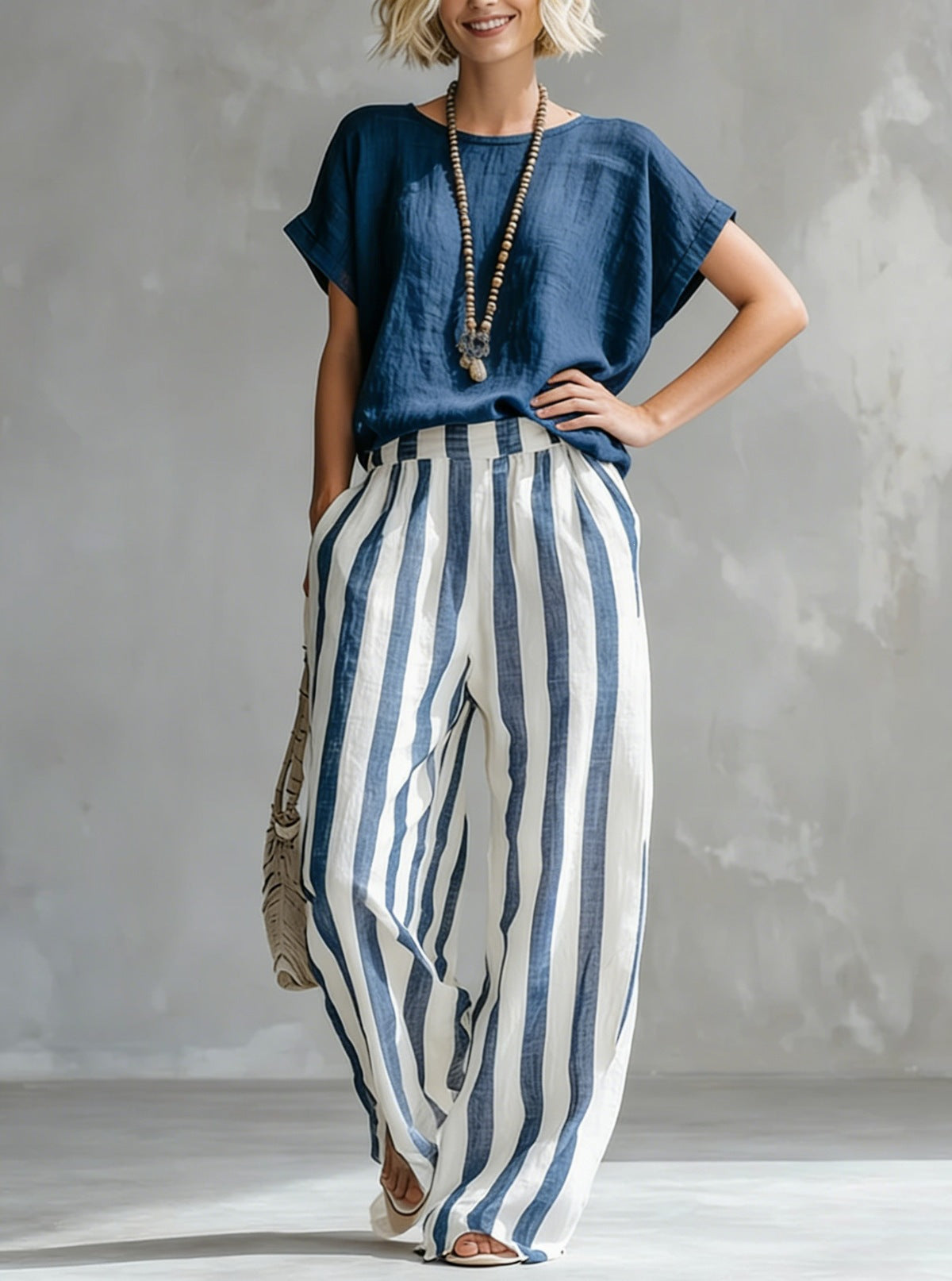 Women’s Solid Short Sleeve Top & Vertical Stripe Wide Leg Pants Casual 2-Piece Set