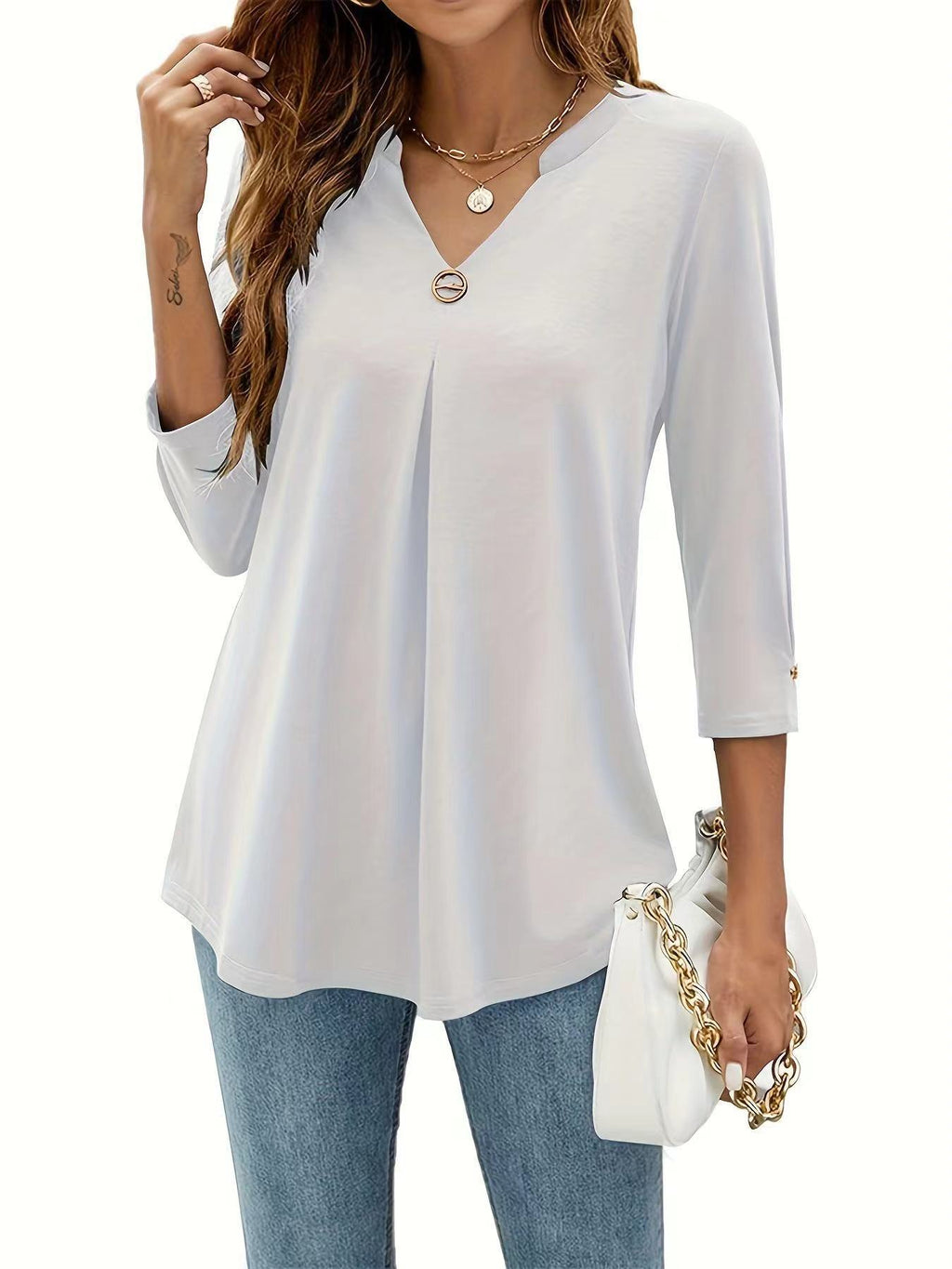 Popular Three-Quarter Sleeve Solid Color V-Neck Button-Up T-Shirt
