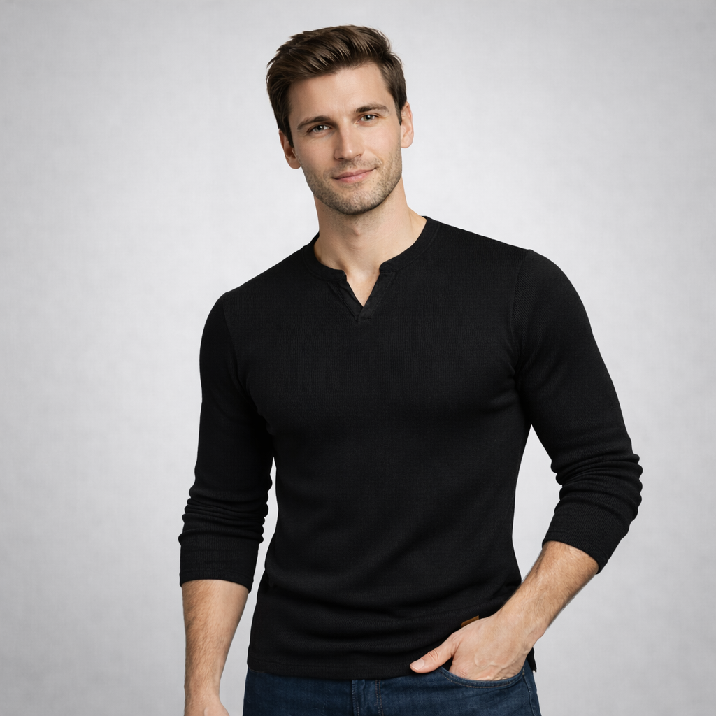 Men’s Henley Notch Neck Ribbed Long Sleeve Slim Fit T-Shirt