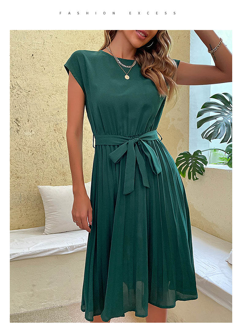Women's Pleated Belted Midi Dress - Round Neck Cap Sleeve Casual Dress