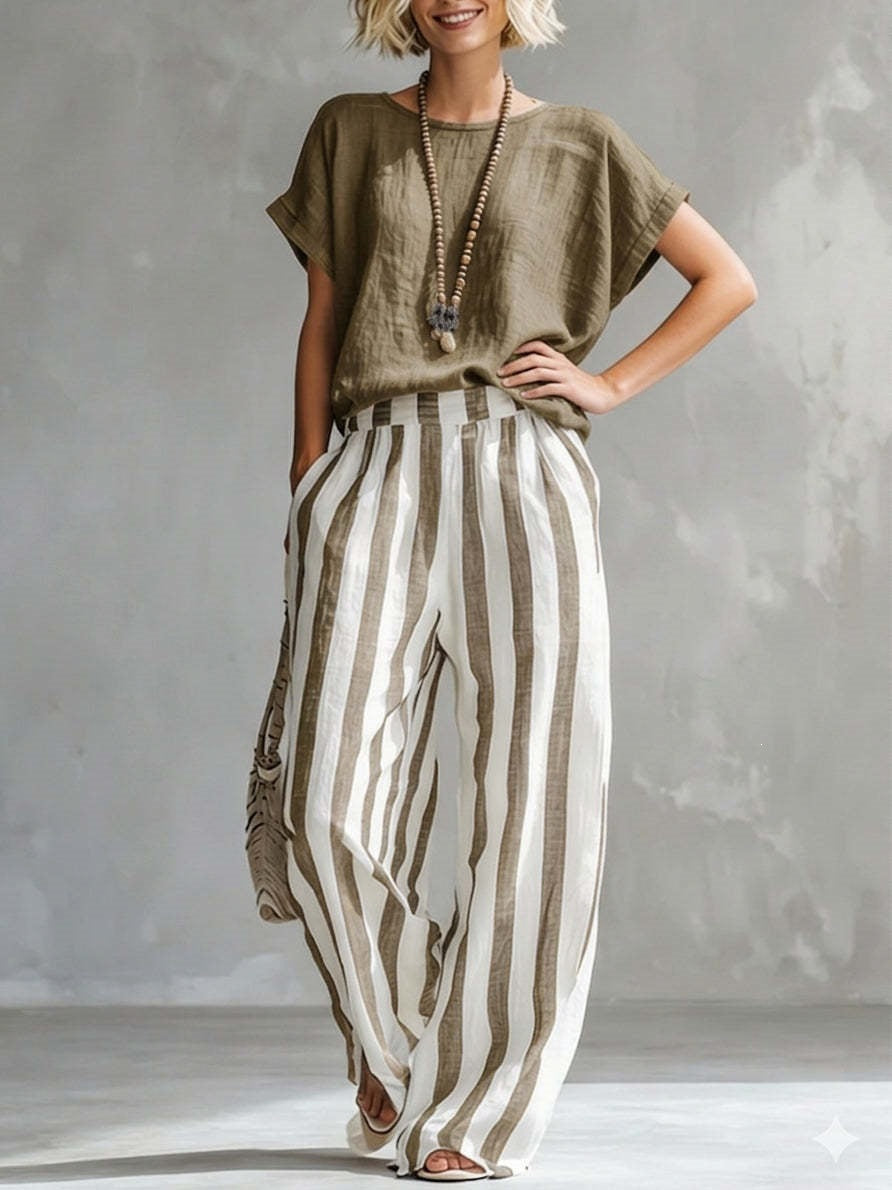 Women’s Solid Short Sleeve Top & Vertical Stripe Wide Leg Pants Casual 2-Piece Set