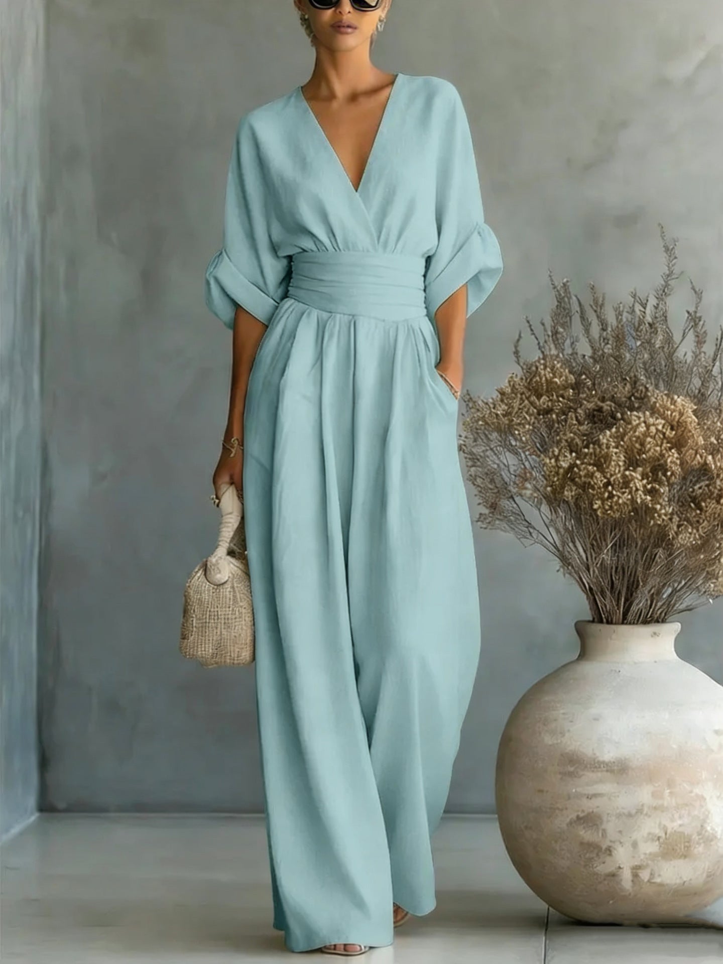 Women's V-Neck Wrap Waist Linen Jumpsuit - Cuffed Sleeve Wide-Leg Romper