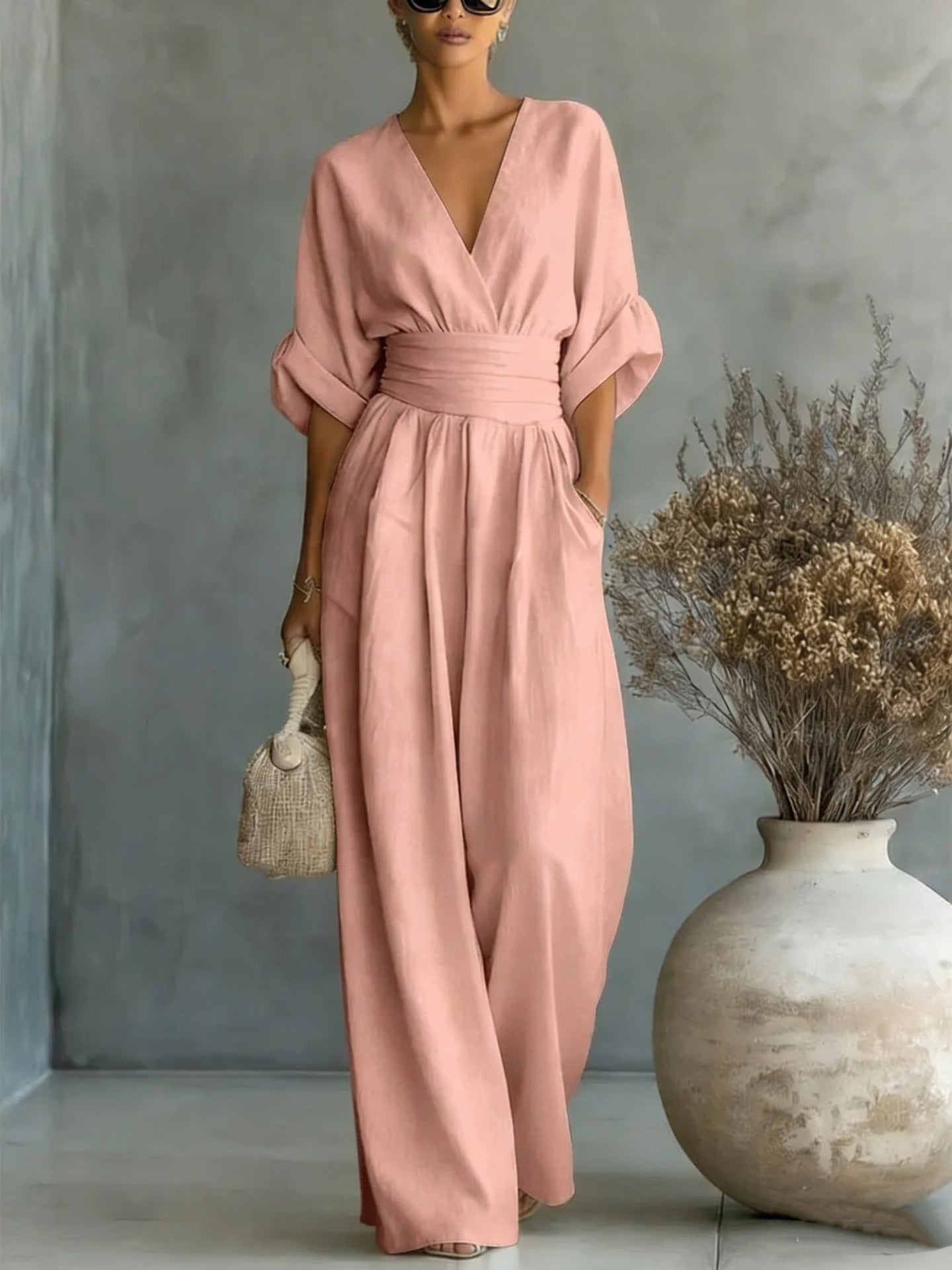 Women's V-Neck Wrap Waist Linen Jumpsuit - Cuffed Sleeve Wide-Leg Romper