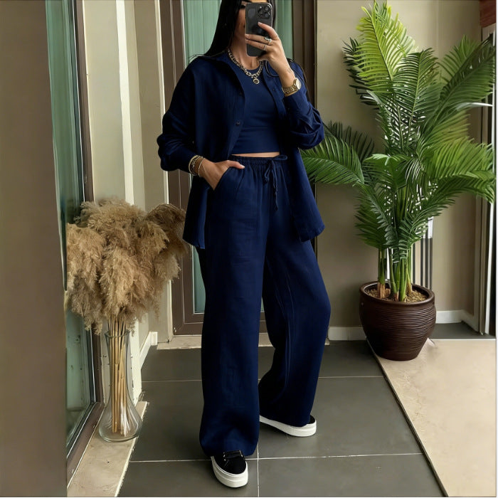 Plus Size Linen Shirt and Trousers Set
