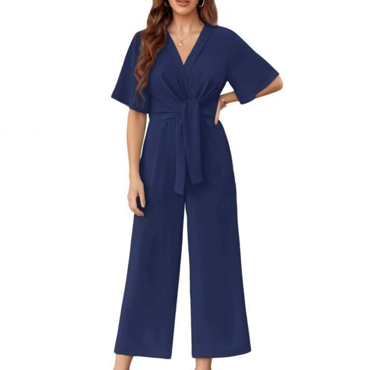 Women's solid color V-neck minimalist design short-sleeved jumpsuit