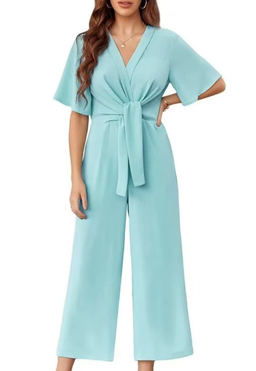 Women's solid color V-neck minimalist design short-sleeved jumpsuit