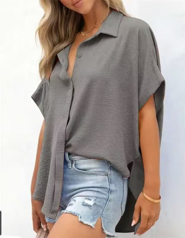 Women’s Oversized Batwing Sleeve Button-Down Shirt with High-Low Hem
