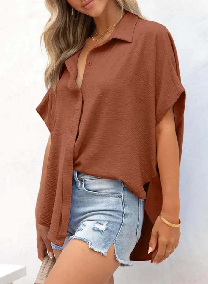 Women’s Oversized Batwing Sleeve Button-Down Shirt with High-Low Hem