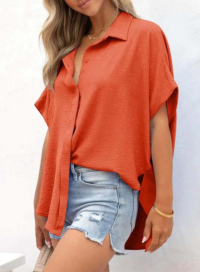 Women’s Oversized Batwing Sleeve Button-Down Shirt with High-Low Hem