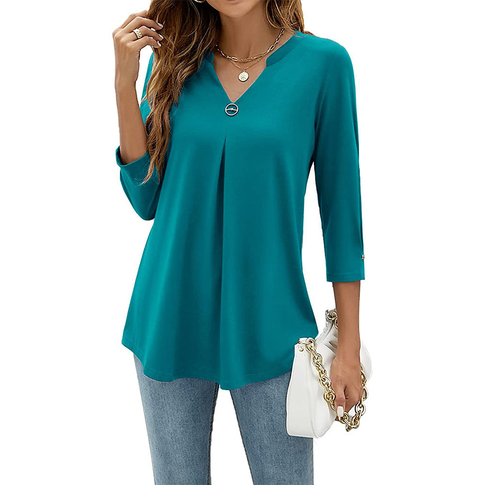 Popular Three-Quarter Sleeve Solid Color V-Neck Button-Up T-Shirt
