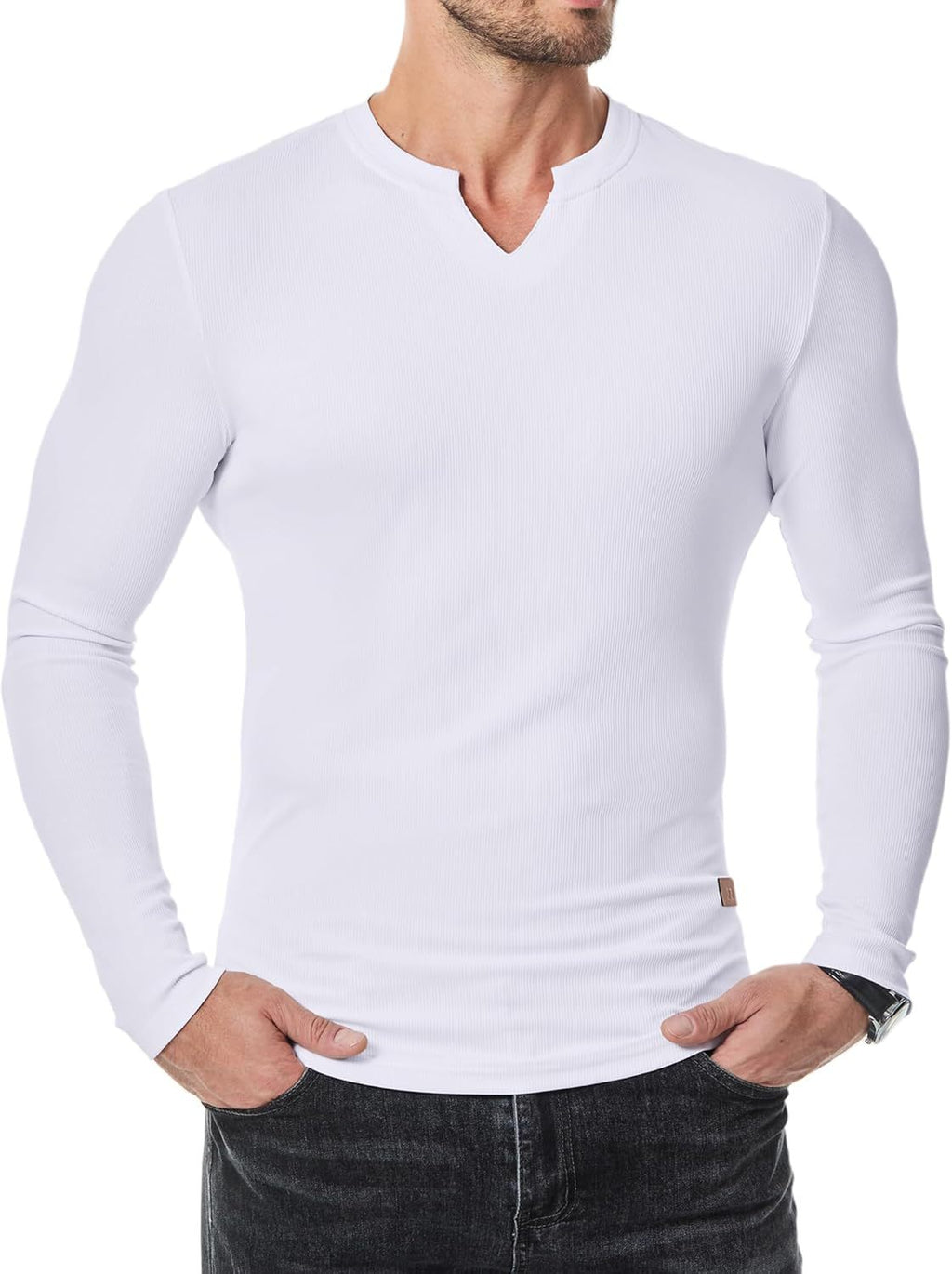 Men’s Henley Notch Neck Ribbed Long Sleeve Slim Fit T-Shirt