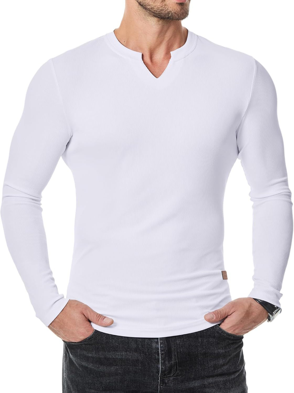 Men’s Henley Notch Neck Ribbed Long Sleeve Slim Fit T-Shirt
