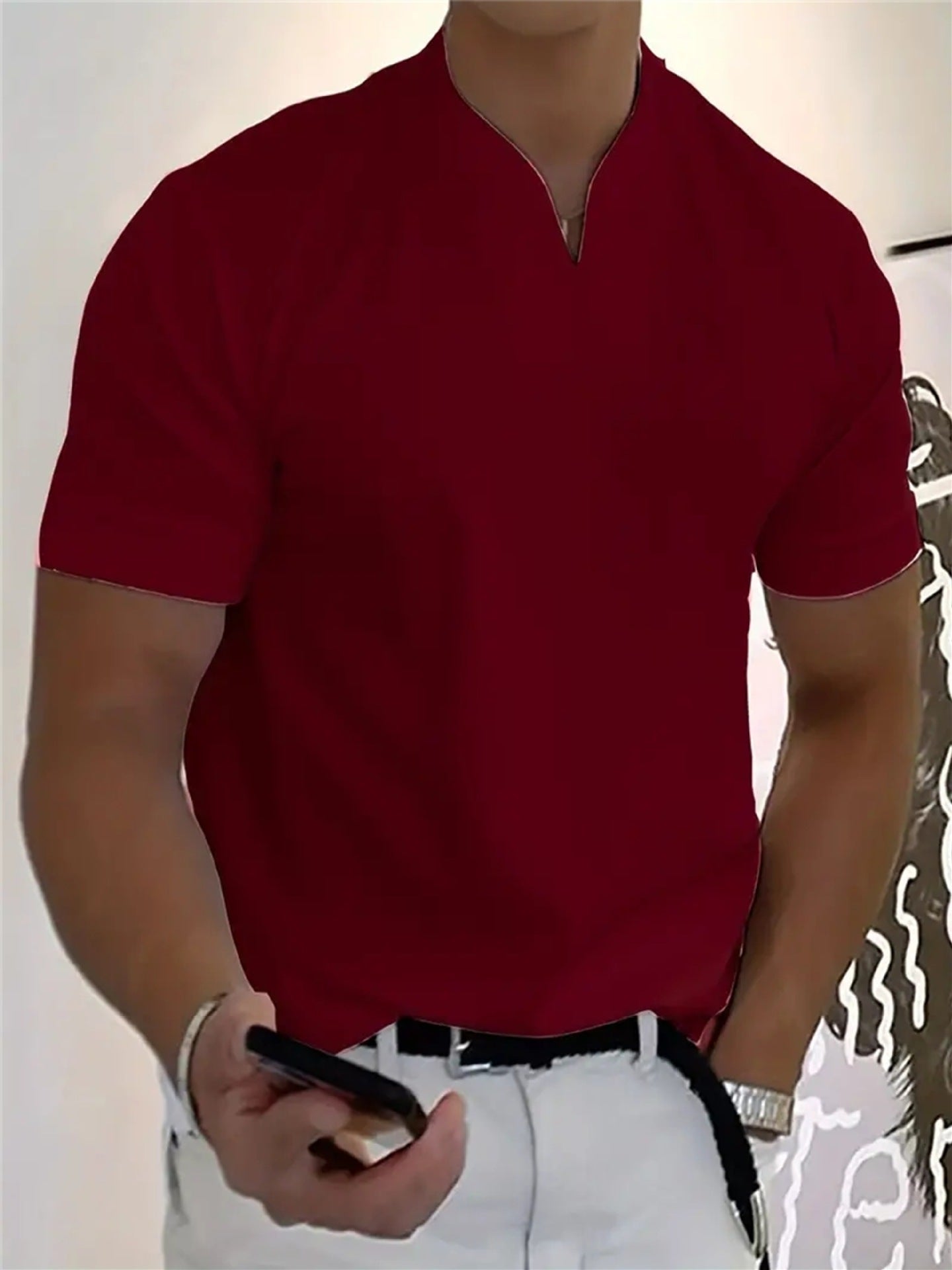 Men’s Notch Collar V-Neck Short Sleeve Slim-Fit Casual Shirt