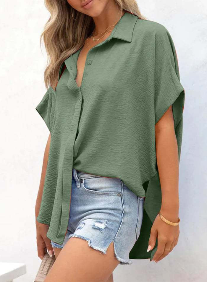 Women’s Oversized Batwing Sleeve Button-Down Shirt with High-Low Hem