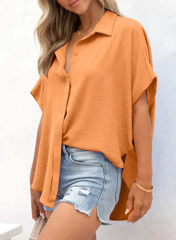 Women’s Oversized Batwing Sleeve Button-Down Shirt with High-Low Hem
