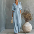 Women's V-Neck Wrap Waist Linen Jumpsuit - Cuffed Sleeve Wide-Leg Romper