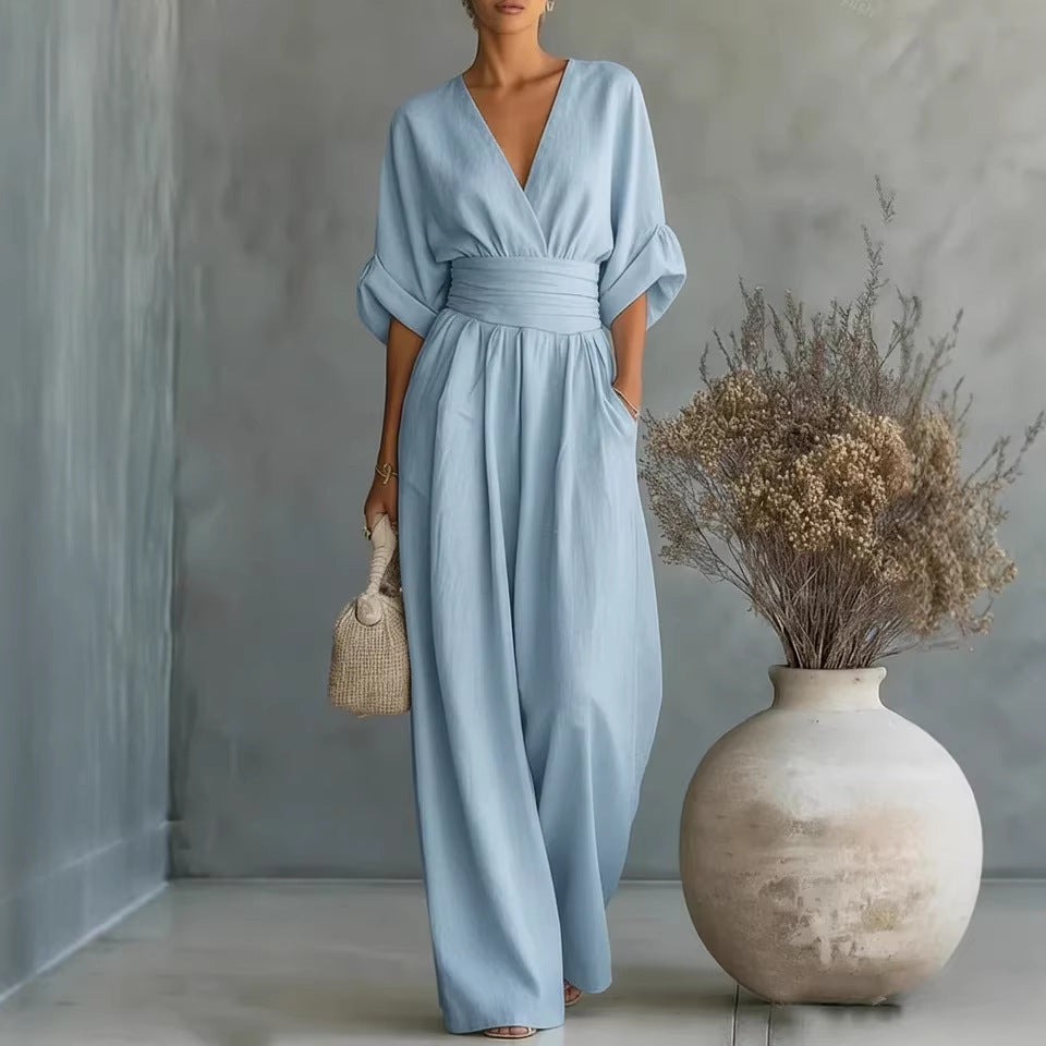 Women's V-Neck Wrap Waist Linen Jumpsuit - Cuffed Sleeve Wide-Leg Romper