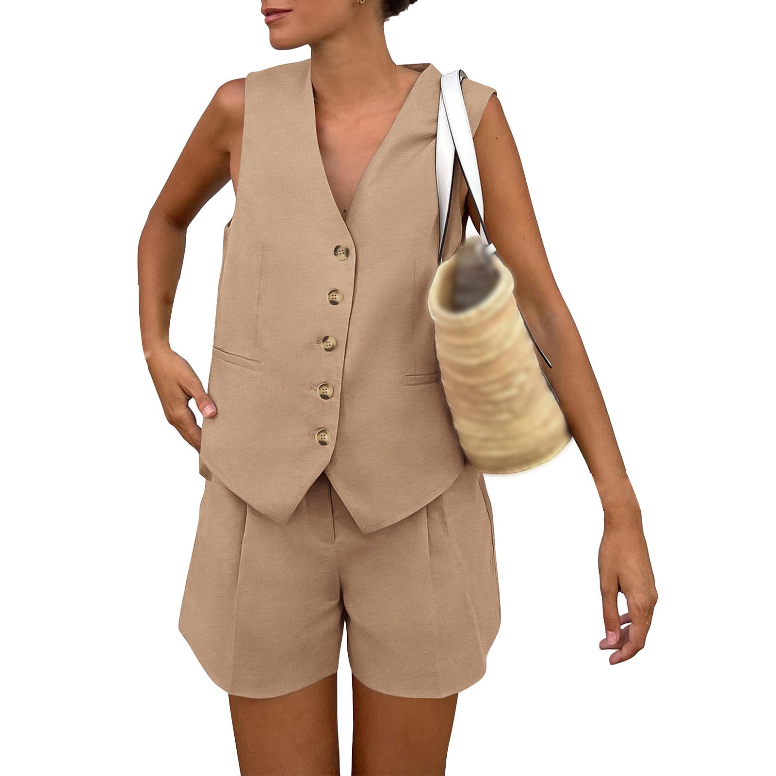 New V-neck single-breasted sleeveless vest and shorts set