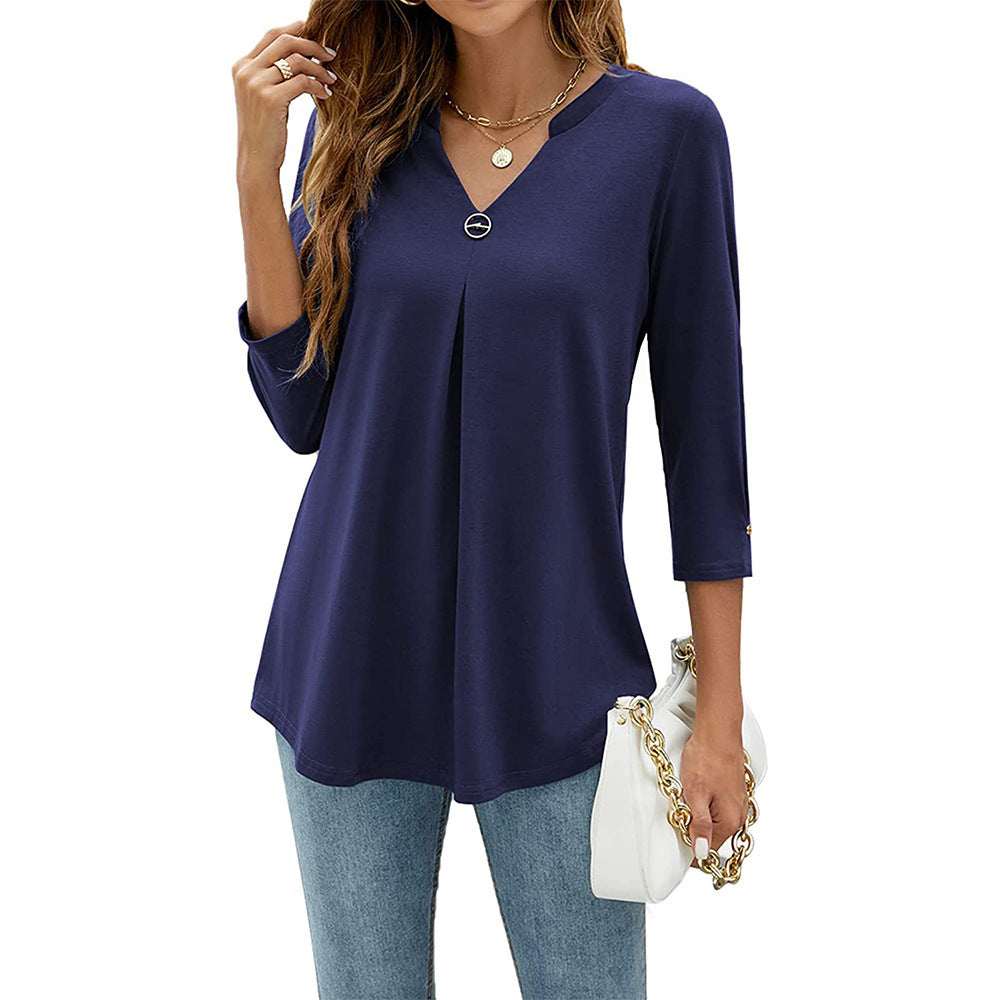Popular Three-Quarter Sleeve Solid Color V-Neck Button-Up T-Shirt