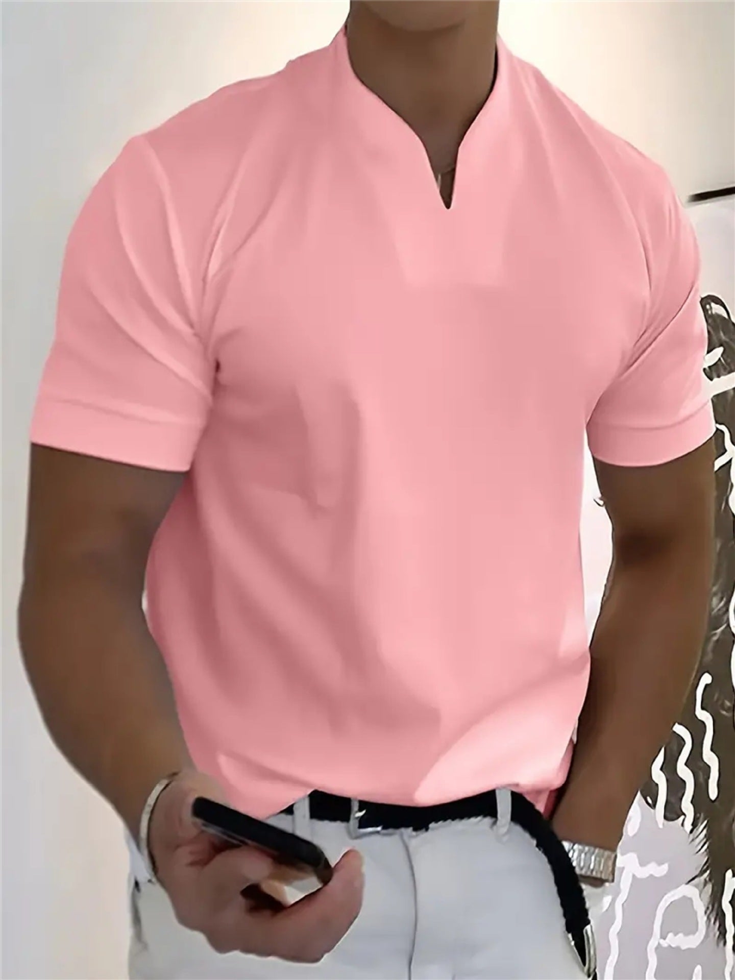 Men’s Notch Collar V-Neck Short Sleeve Slim-Fit Casual Shirt
