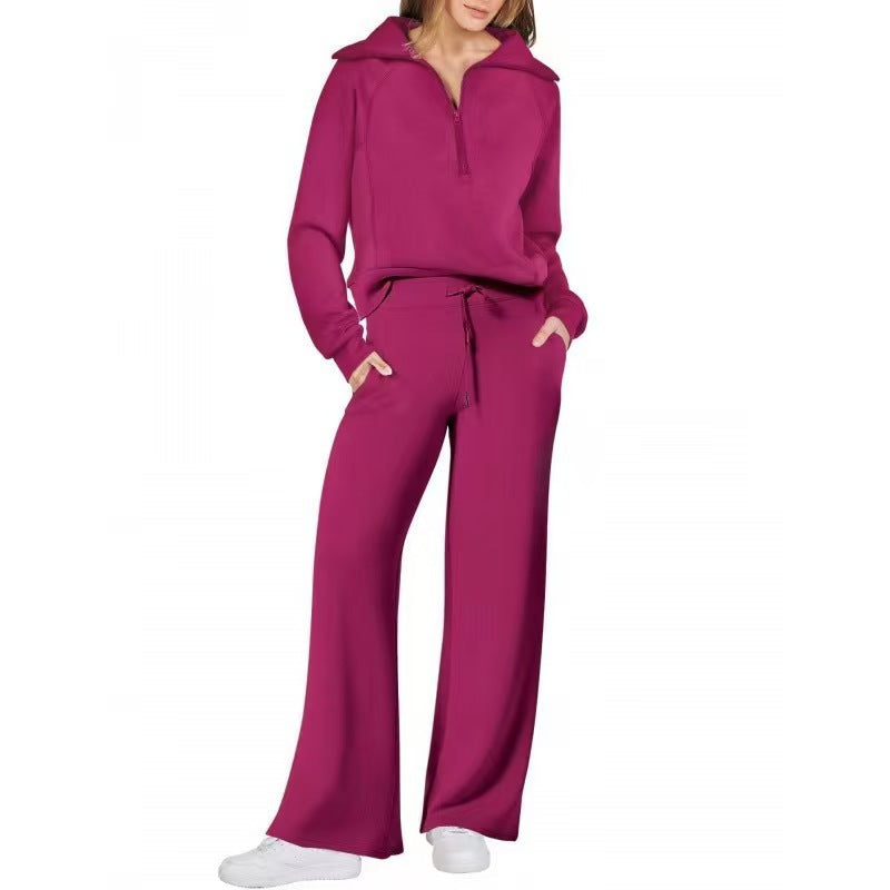 Women’s Half-Zip Long Sleeve Top & Wide Leg Pants Loungewear 2-Piece Set