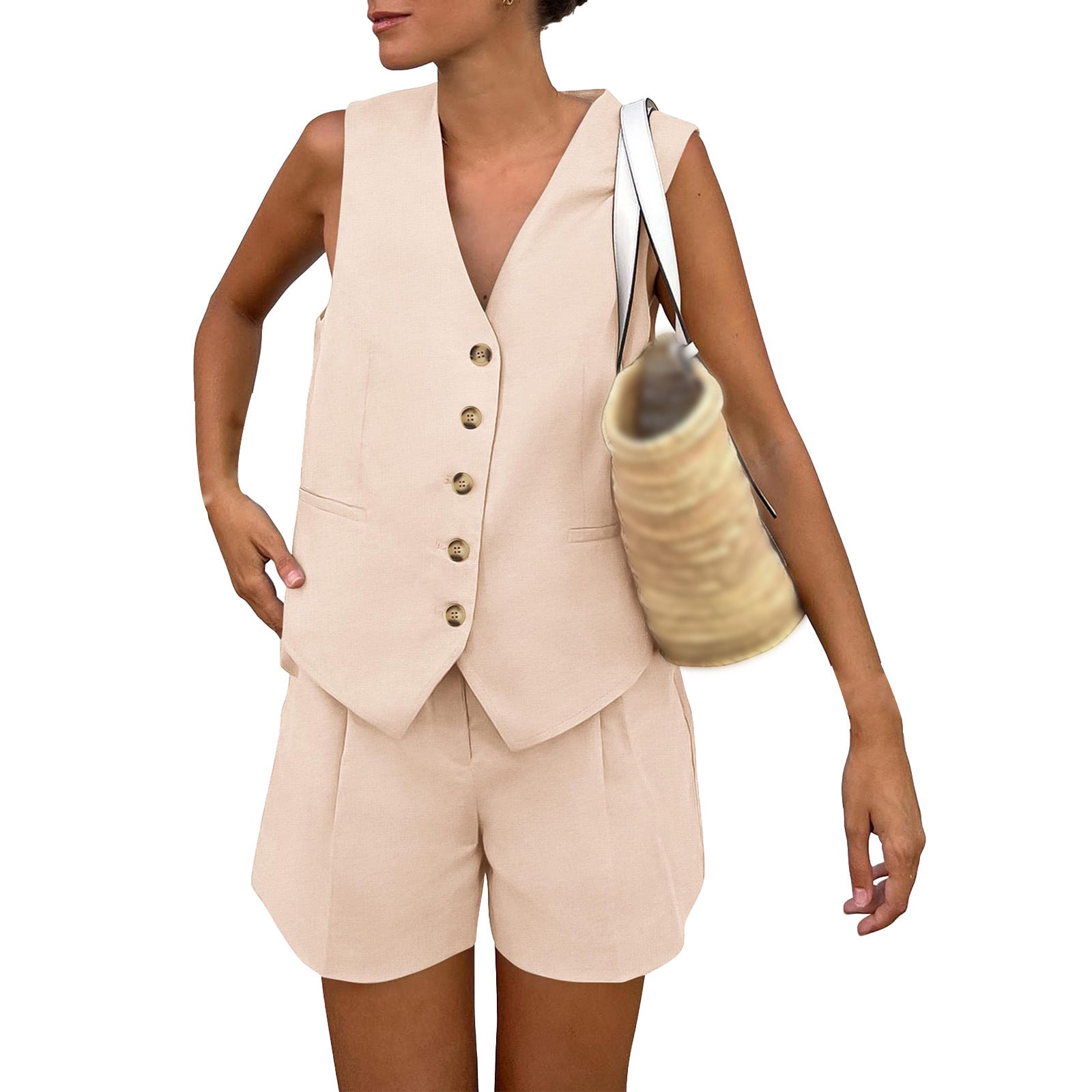 New V-neck single-breasted sleeveless vest and shorts set