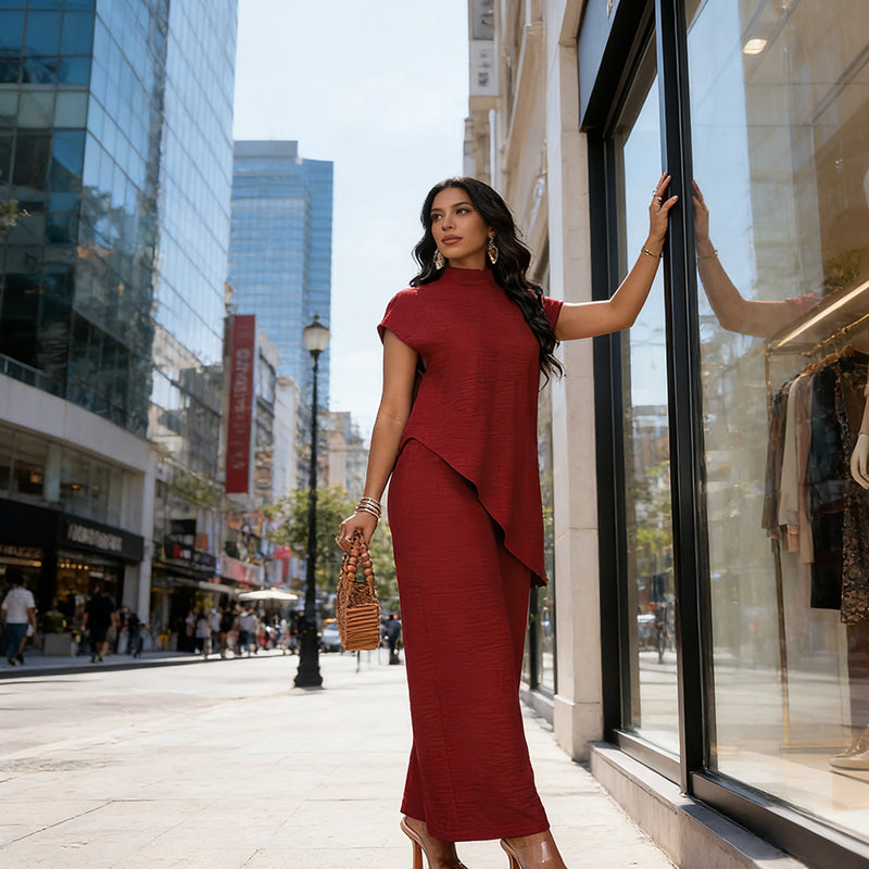 Women’s 2-Piece Set – Asymmetrical Hem Top & Wide-Leg Pants, Elegant & Flattering