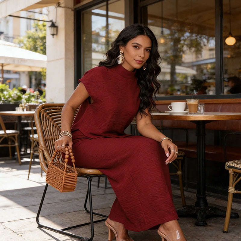 Women’s 2-Piece Set – Asymmetrical Hem Top & Wide-Leg Pants, Elegant & Flattering