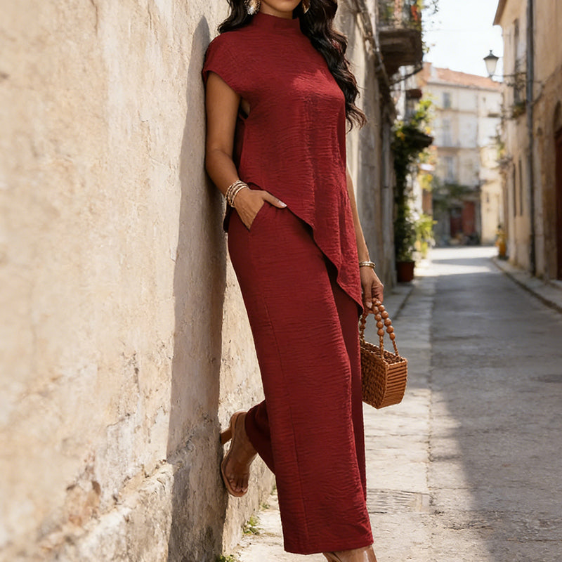 Women’s 2-Piece Set – Asymmetrical Hem Top & Wide-Leg Pants, Elegant & Flattering